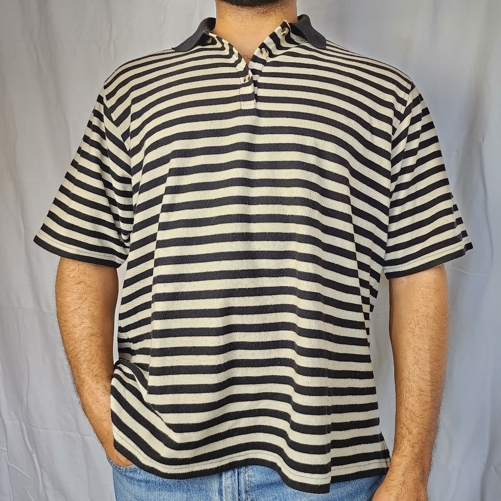 Black & Off-White Striped Polo